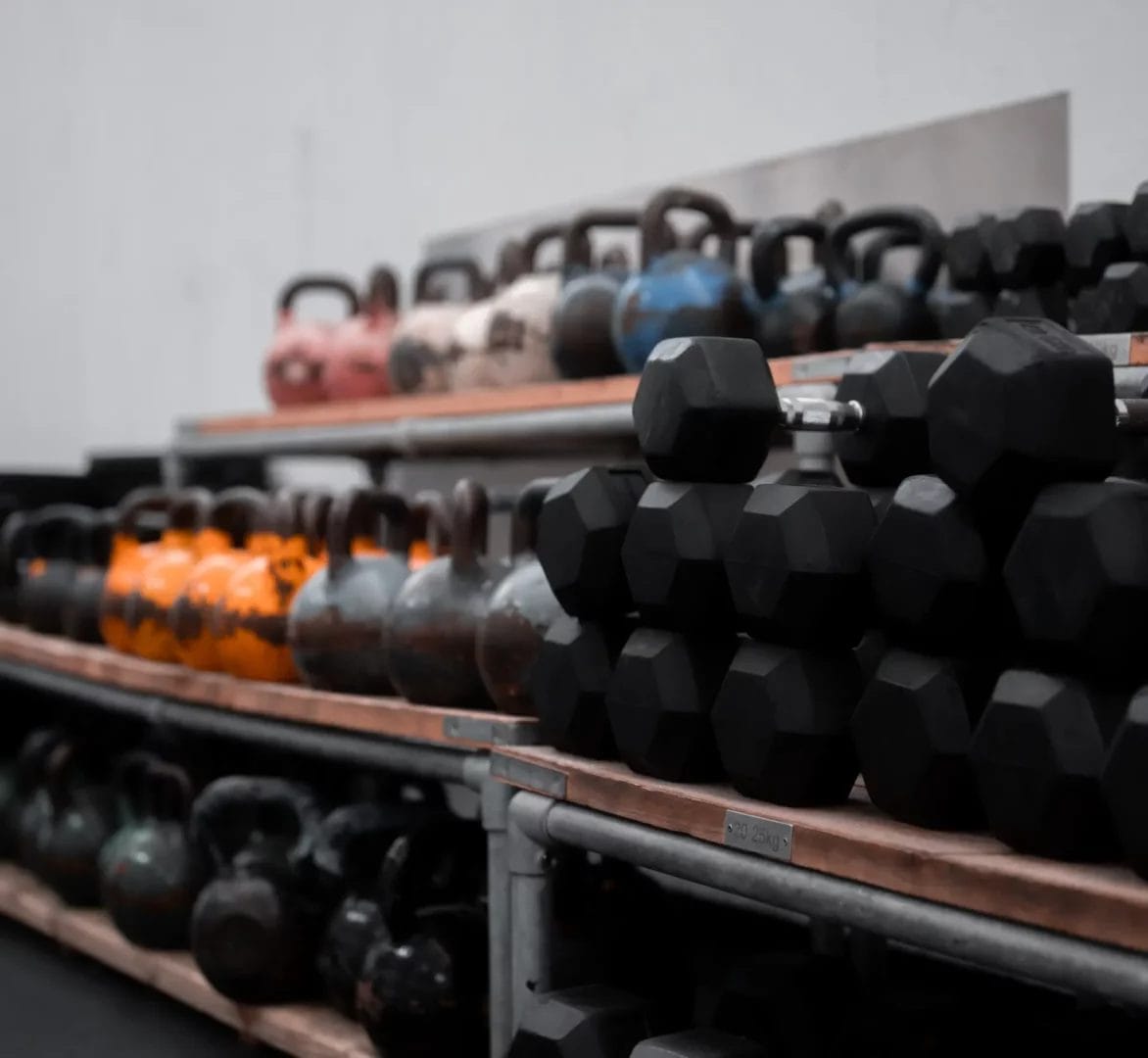 Dumbells and kettlebells on shelves